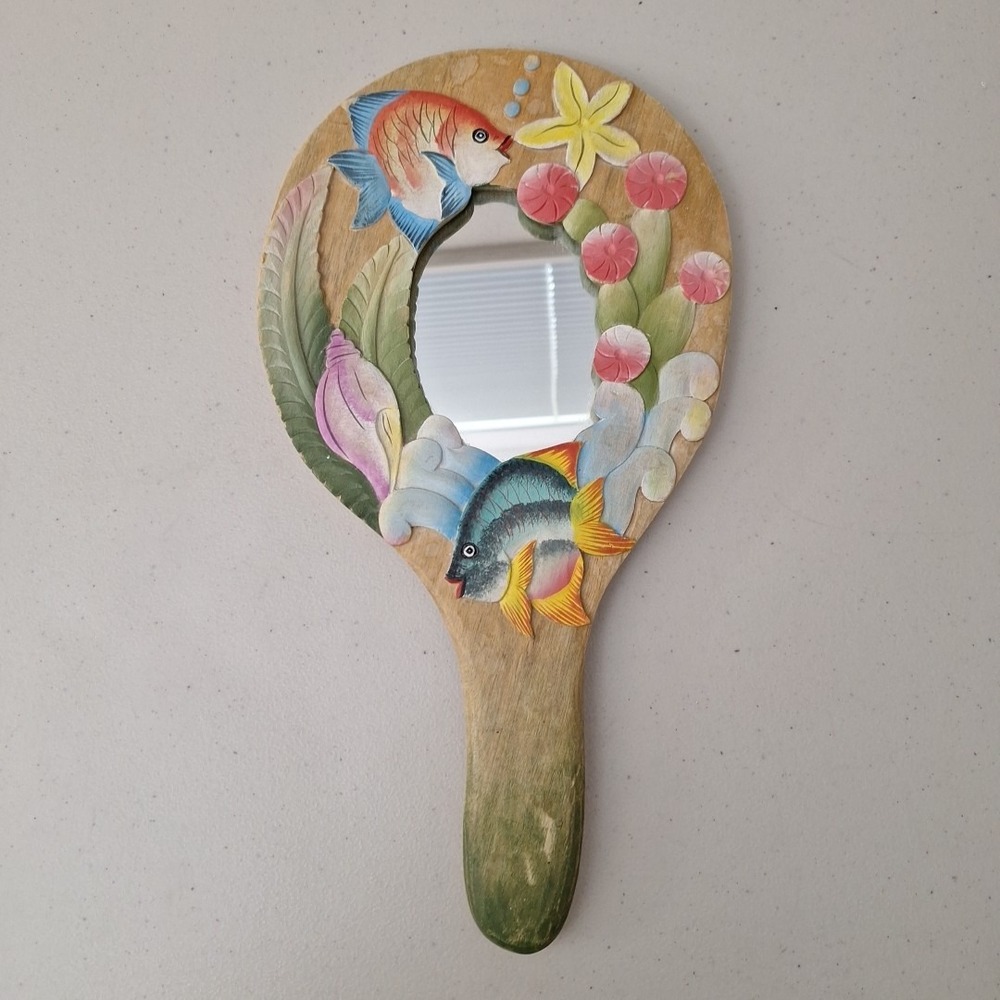 Vtg Tropical Fish Underwater Solid Wood Carved Handheld Mirror INDONESIA 14"x8"